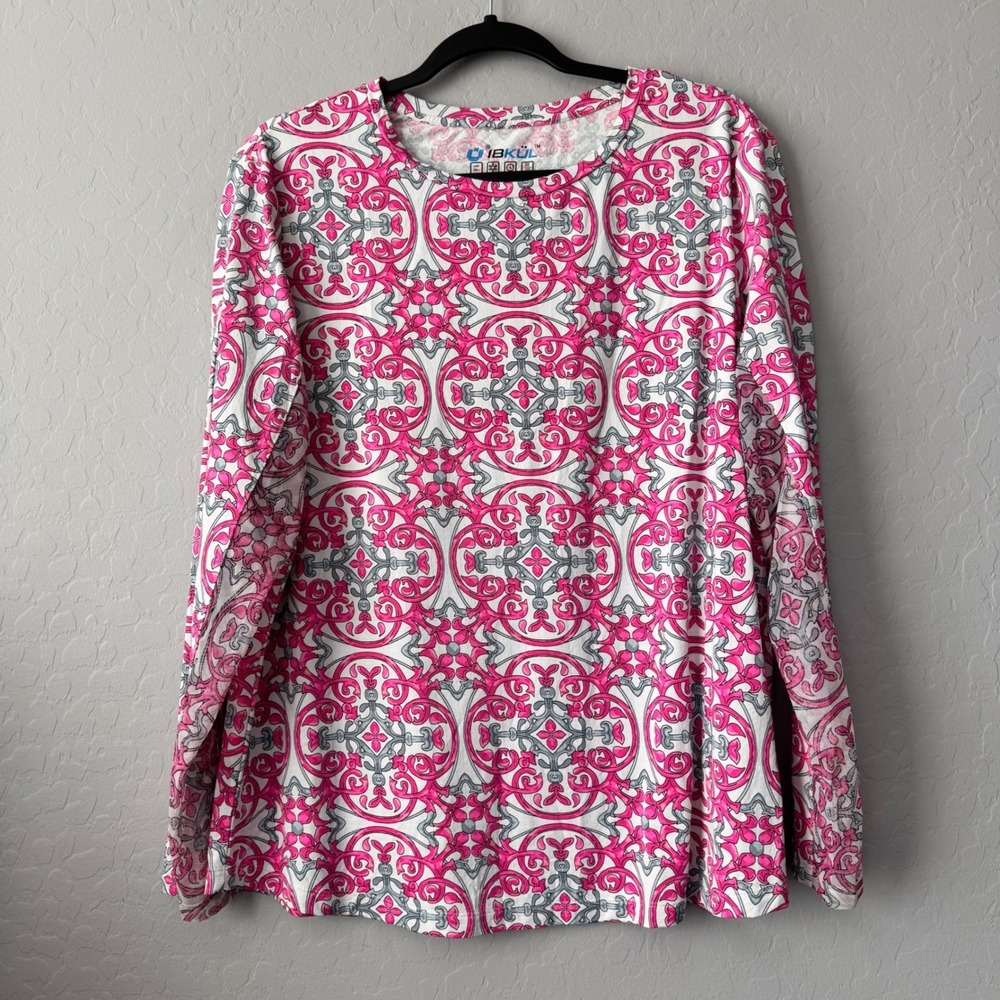 IBKUL XXL Performance Top Pink Long Sleeve UPF 50+ Medallion Mesh Panels